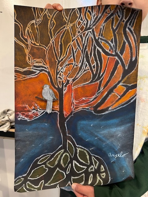 Close-up of a painted tree artwork